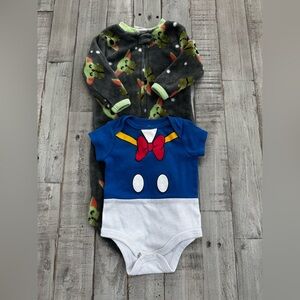 Disney Blue and White Donald Duck Bodysuit and Yoda Footed Pajamas
